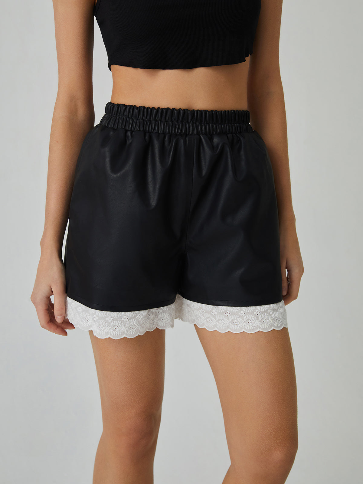 Faux Leather Lace Patchwork Shorts