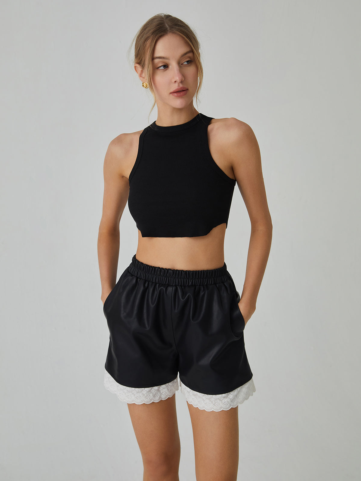 Faux Leather Lace Patchwork Shorts