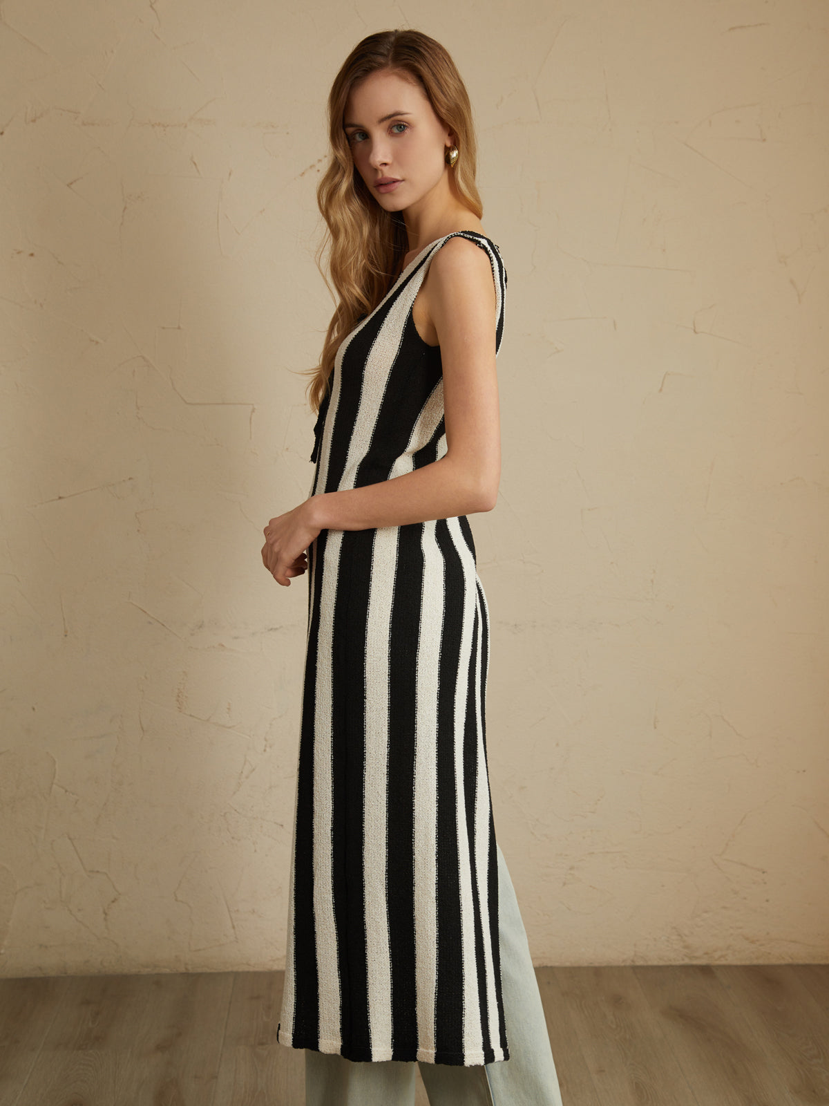 Asymmetric Tie-Front Split Striped Top