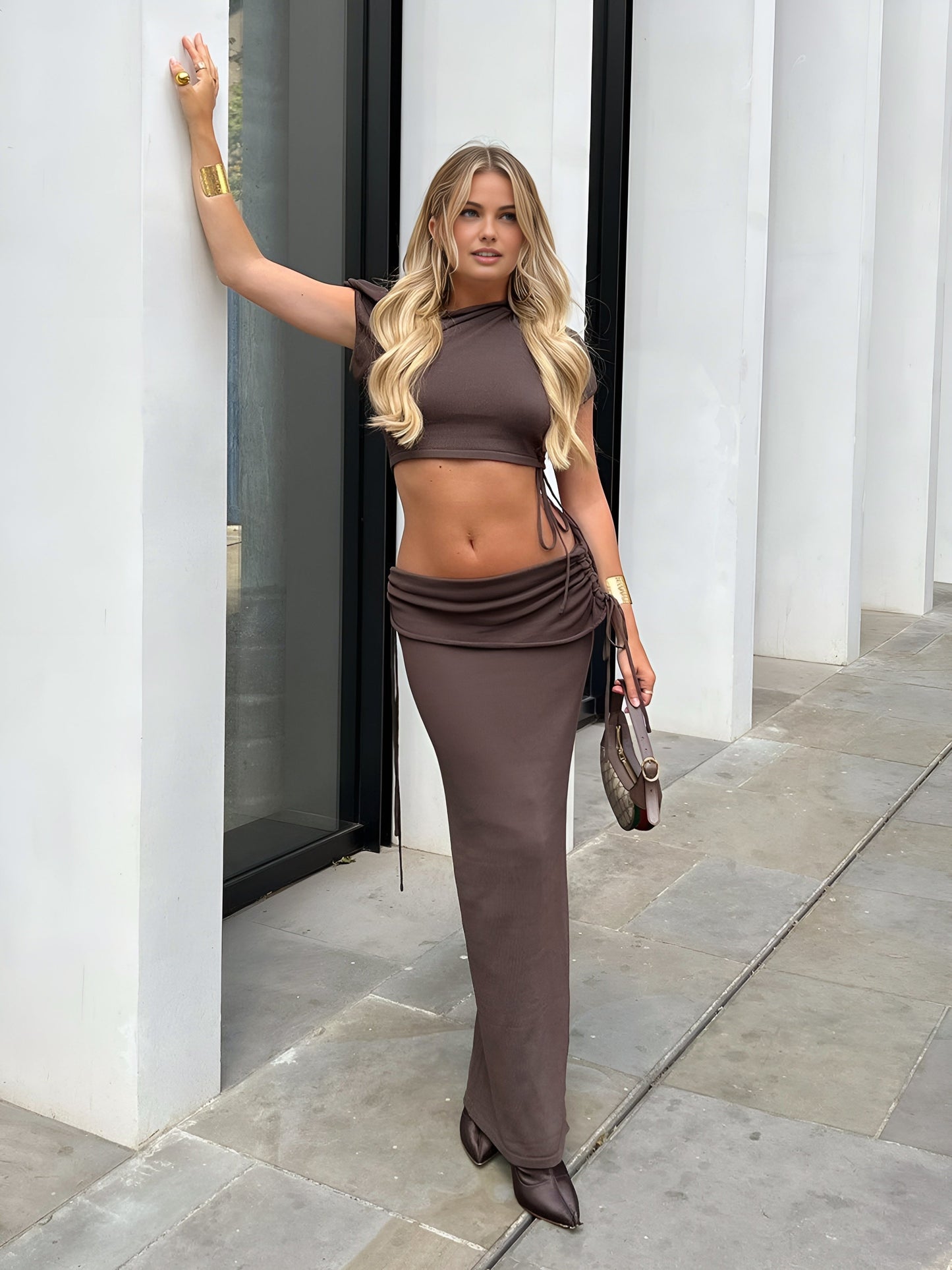 Solid Drawstring Low Waist Skirt Set