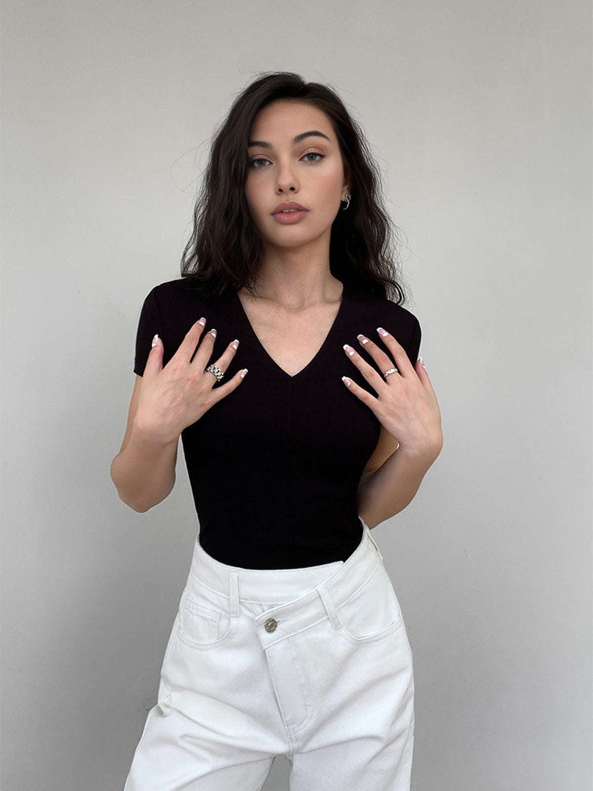 Solid V Neck Snug Short Sleeve Top