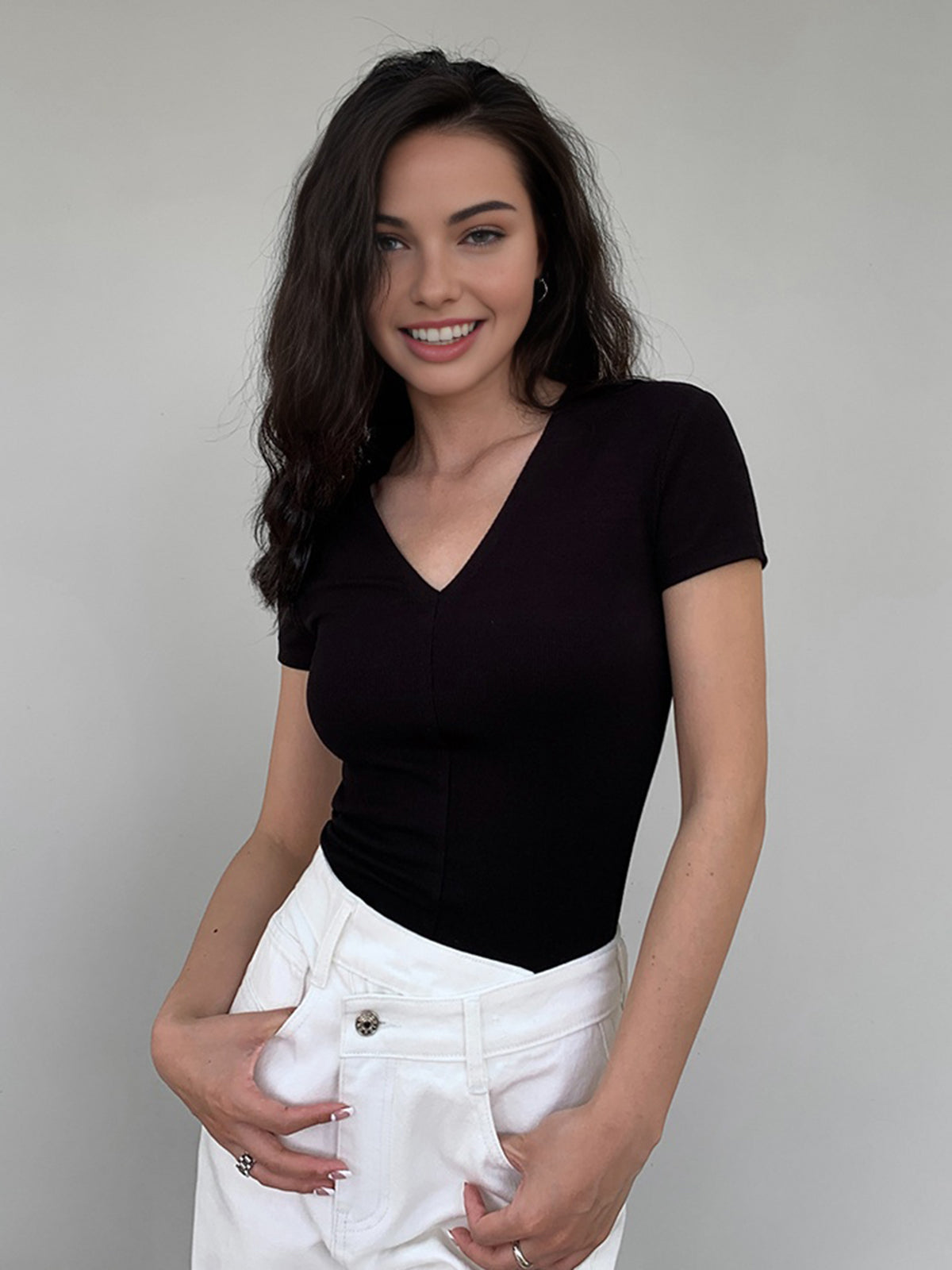 Solid V Neck Snug Short Sleeve Top