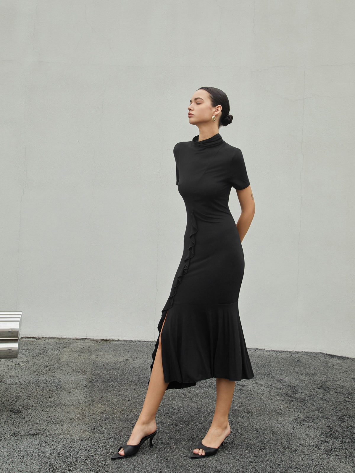 Turtle Neck Short Sleeve Midi Dress