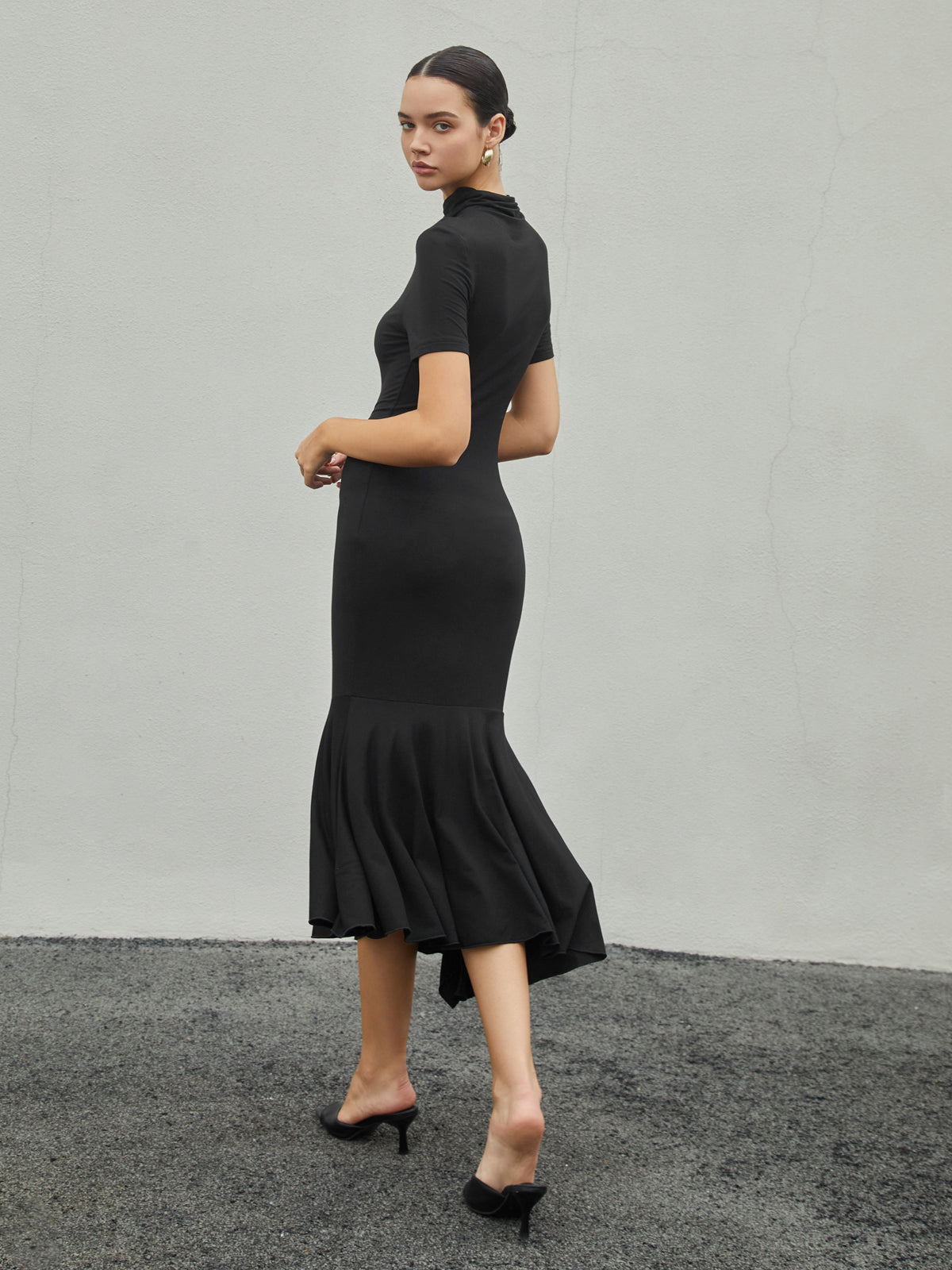 Turtle Neck Short Sleeve Midi Dress