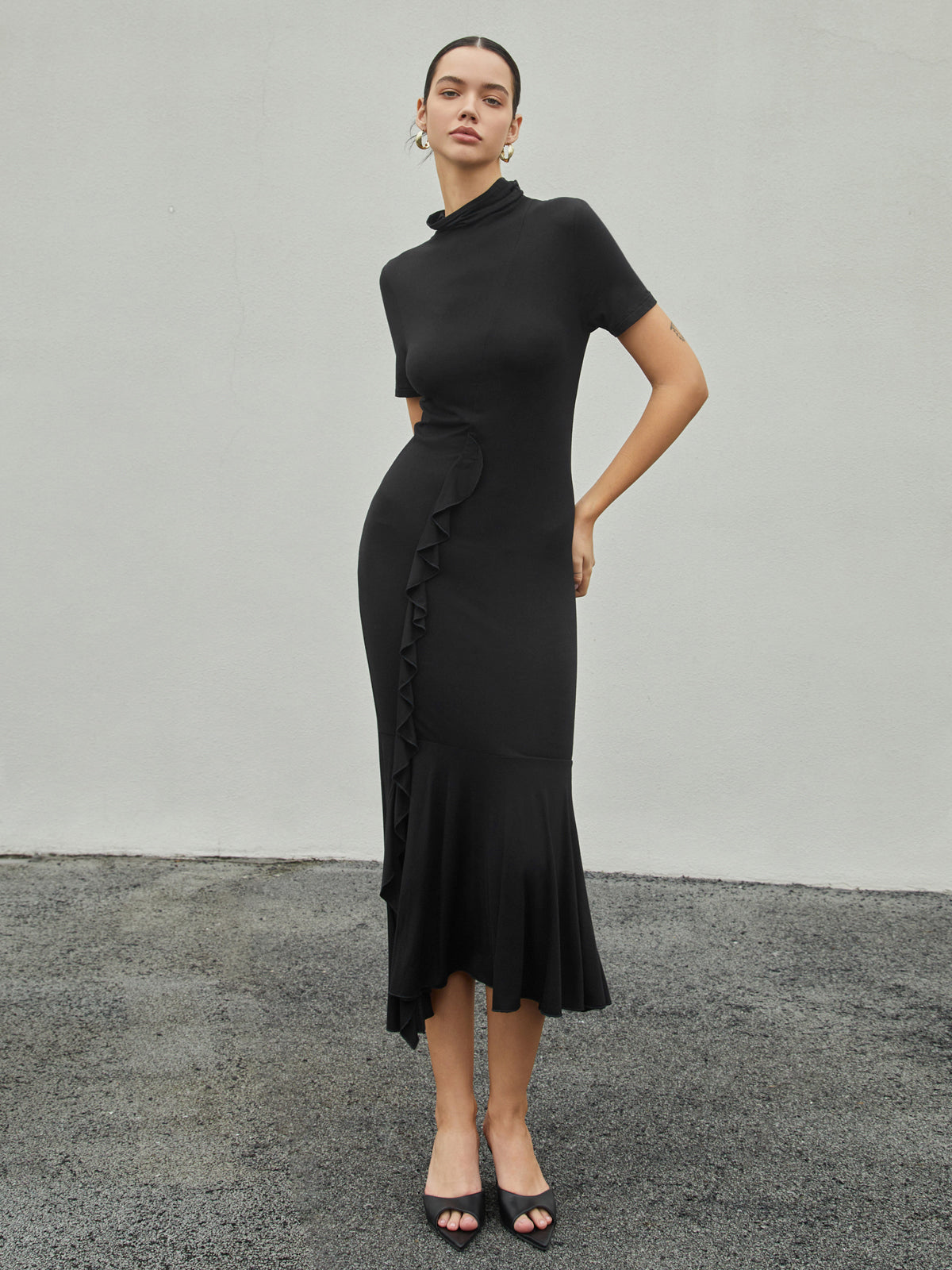 Turtle Neck Short Sleeve Midi Dress