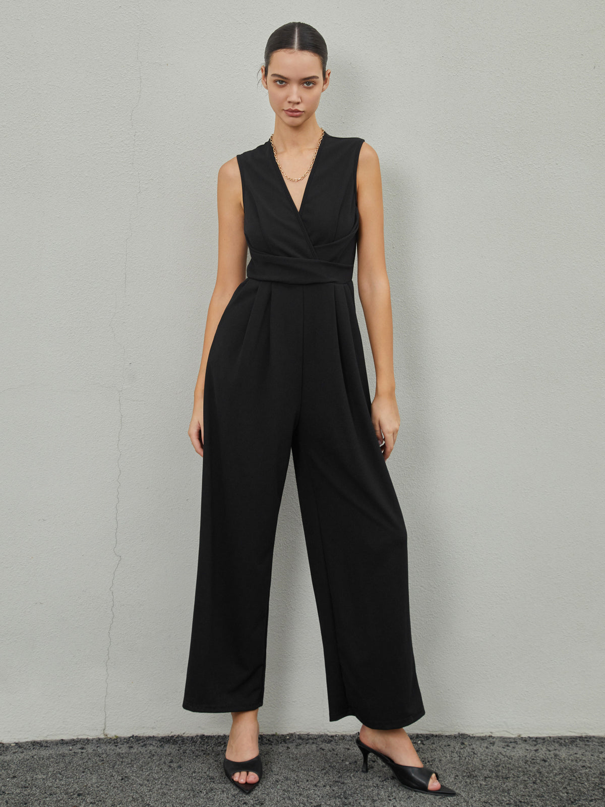 Casual Plain Deep V Neck Jumpsuit