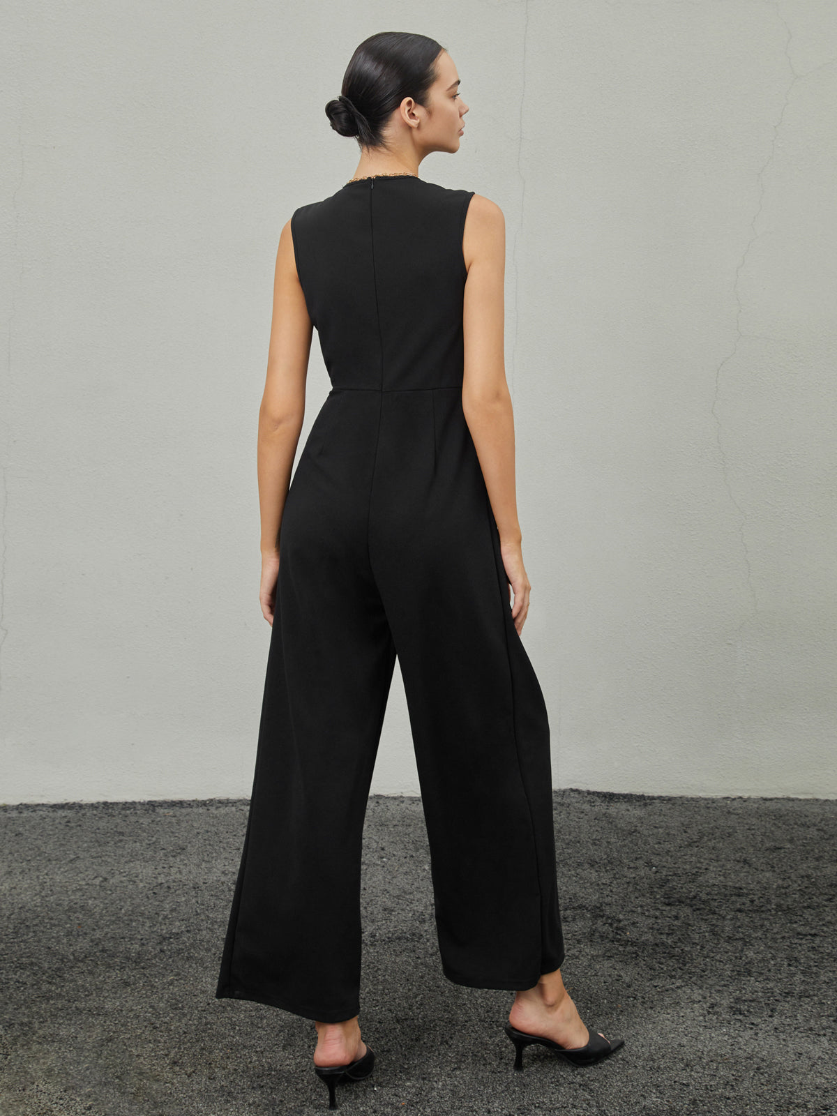 Casual Plain Deep V Neck Jumpsuit