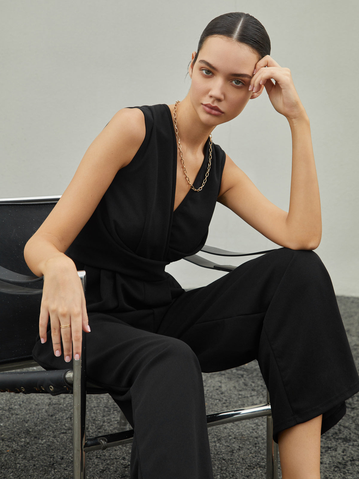 Casual Plain Deep V Neck Jumpsuit