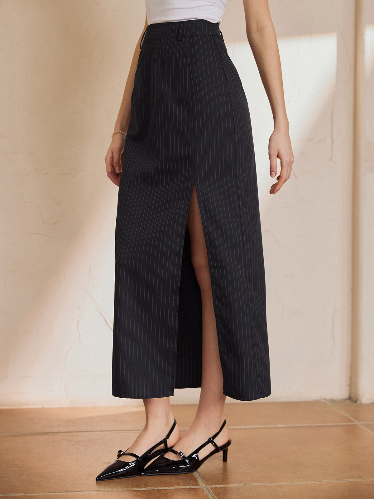 Solid Stripe Split Maxi Skirt
