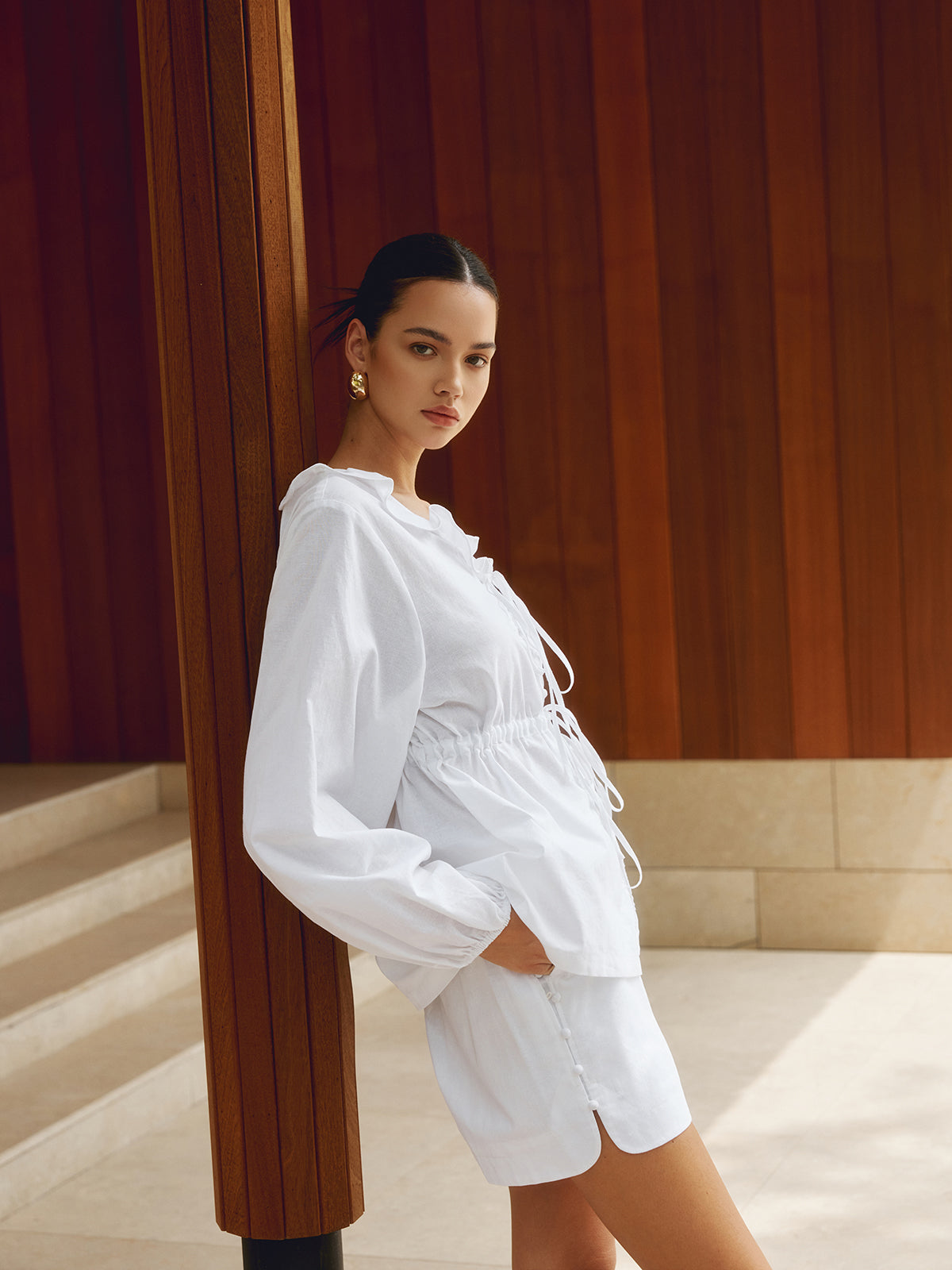 Cotton & Linen Lettuce Trim Drawstring Shorts Set