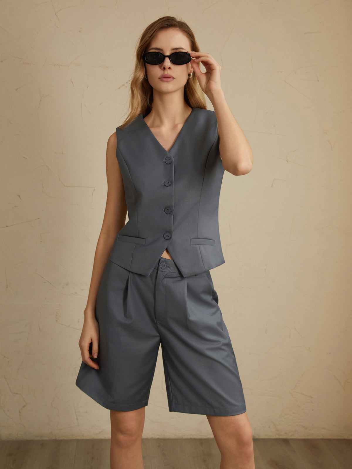 Solid Waistcoat With Shorts Set