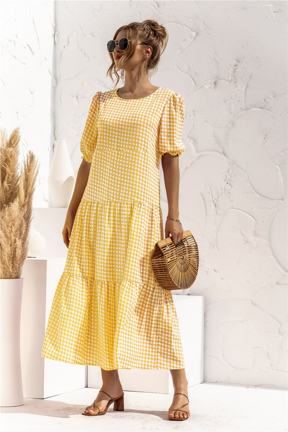 Summer Polka Dot Plaid Print Robe Maxi Dress