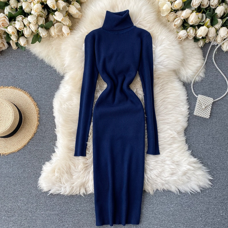 Korean Fashion Casual Solid Women Midi Bodycon Dress