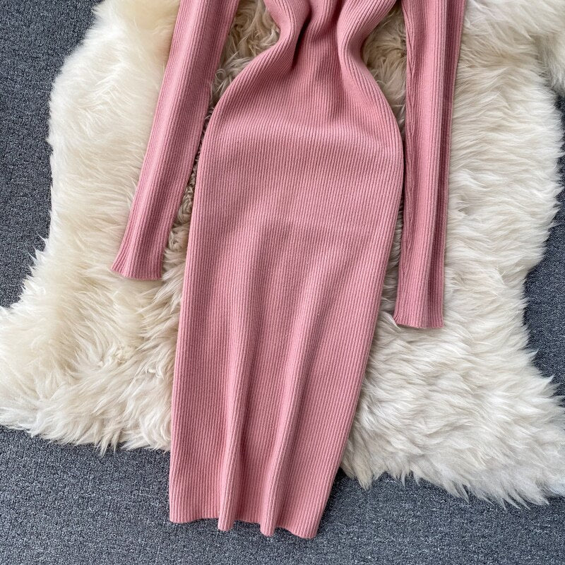 Korean Fashion Casual Solid Women Midi Bodycon Dress