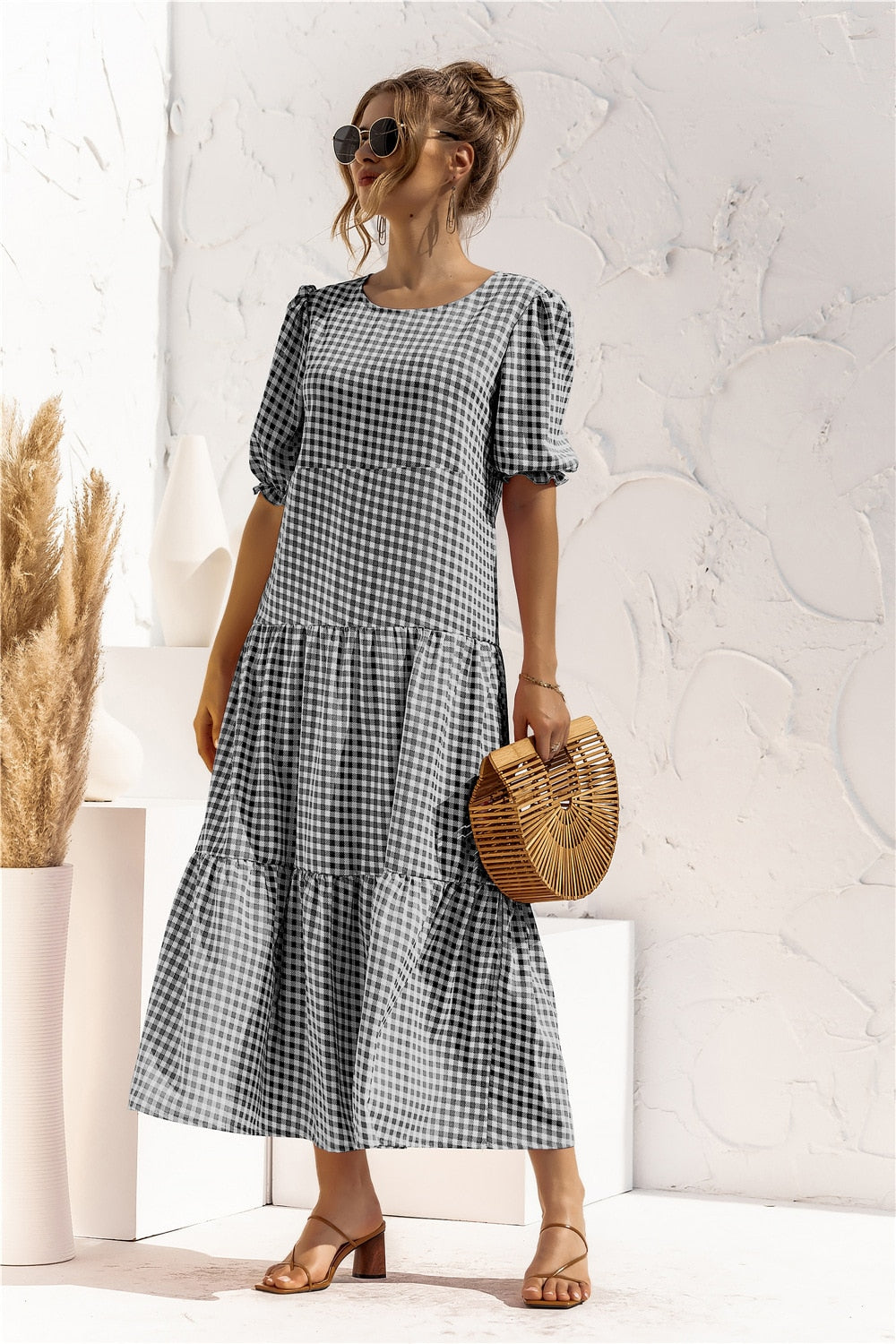 Summer Polka Dot Plaid Print Robe Maxi Dress