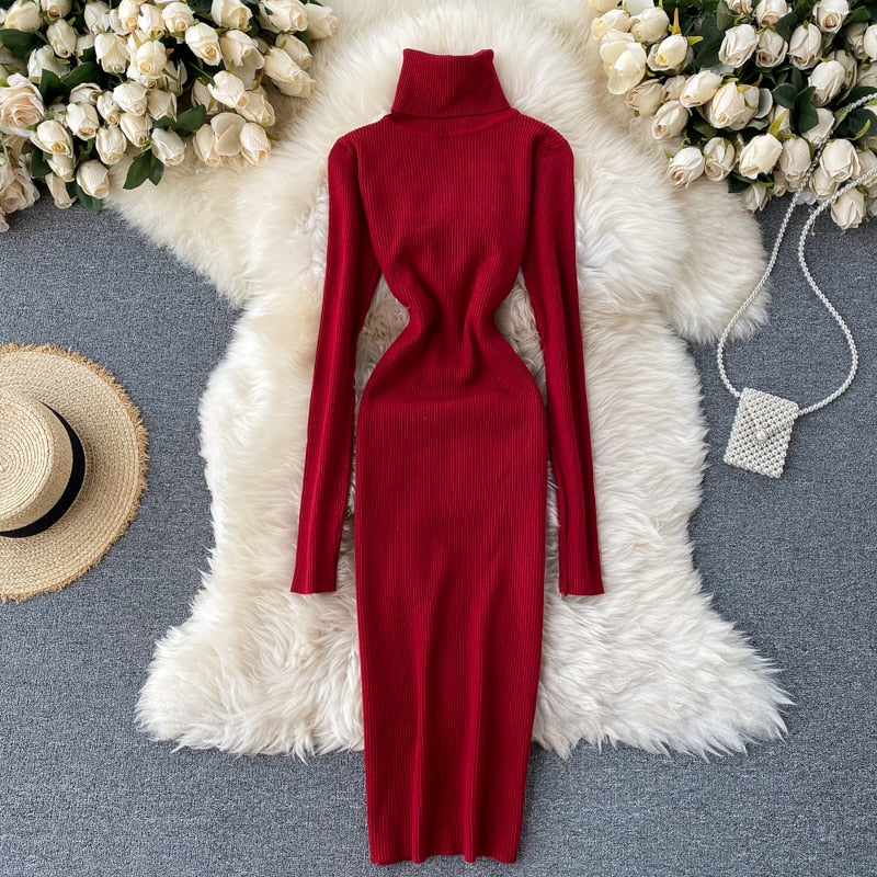 Korean Fashion Casual Solid Women Midi Bodycon Dress