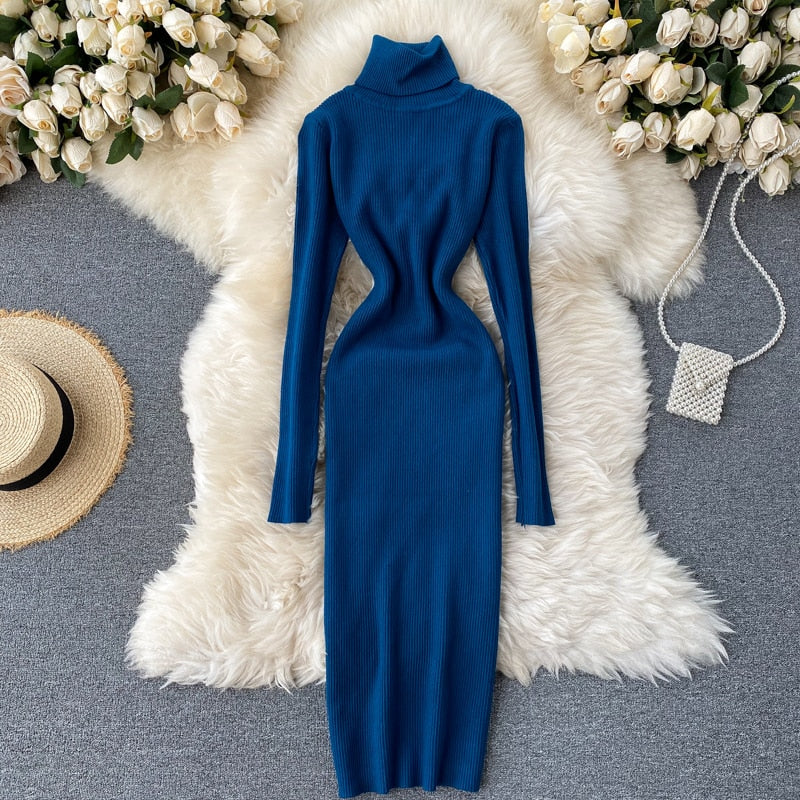 Korean Fashion Casual Solid Women Midi Bodycon Dress