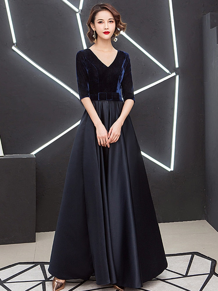 V-neck Bow Waist A-line Satin Evening Dress