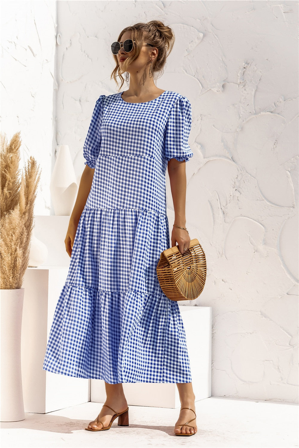 Summer Polka Dot Plaid Print Robe Maxi Dress