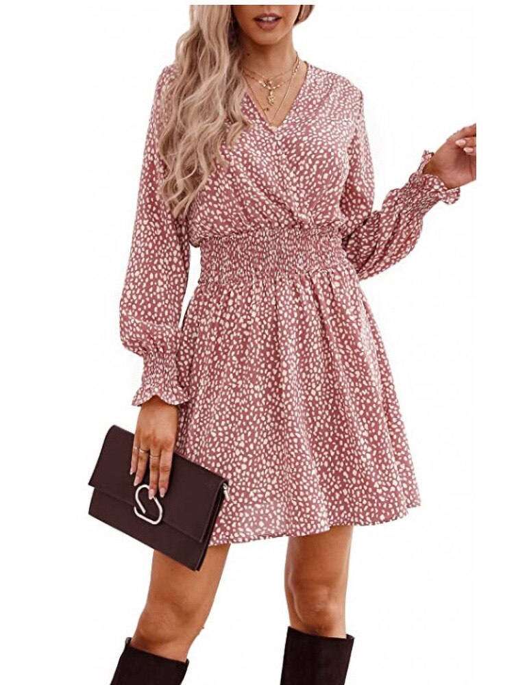 Fashion V-neck Printing Elastic Waist Pullover A-line Dress