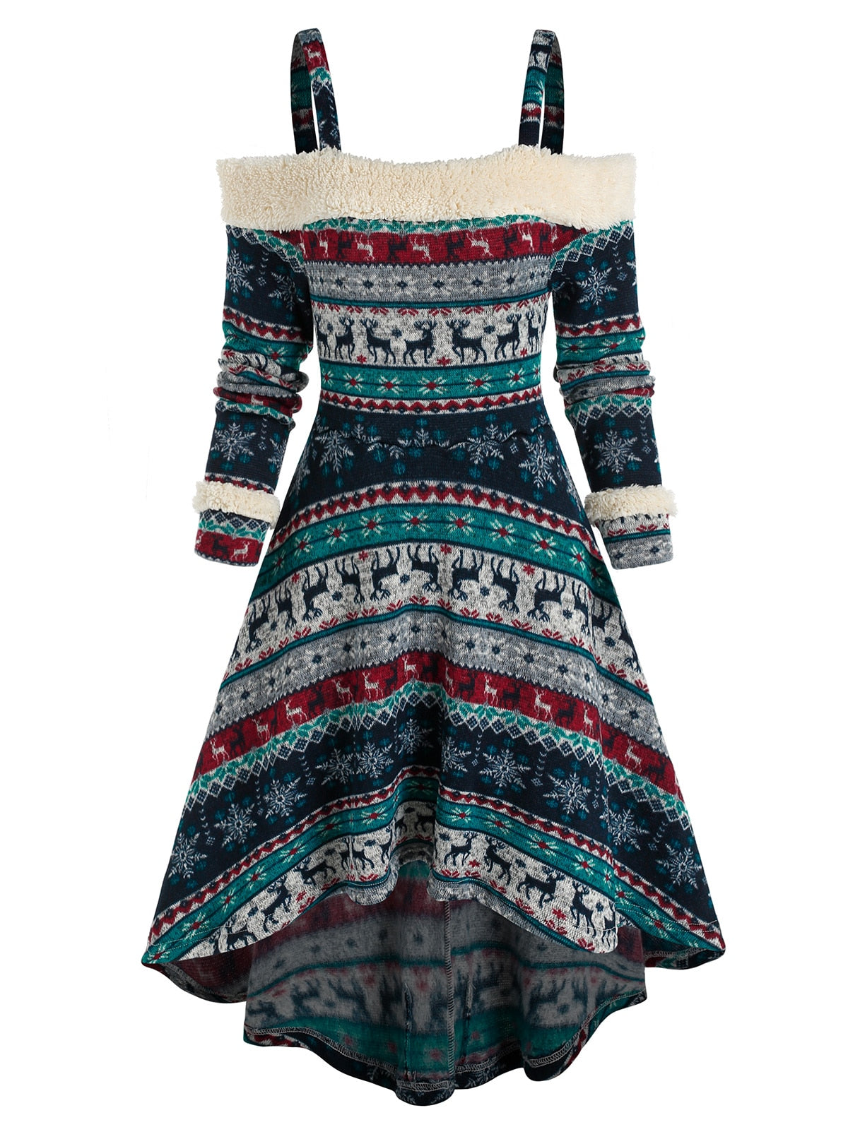 Aesthetic Cold Shoulder Tribal Print High Low Dress