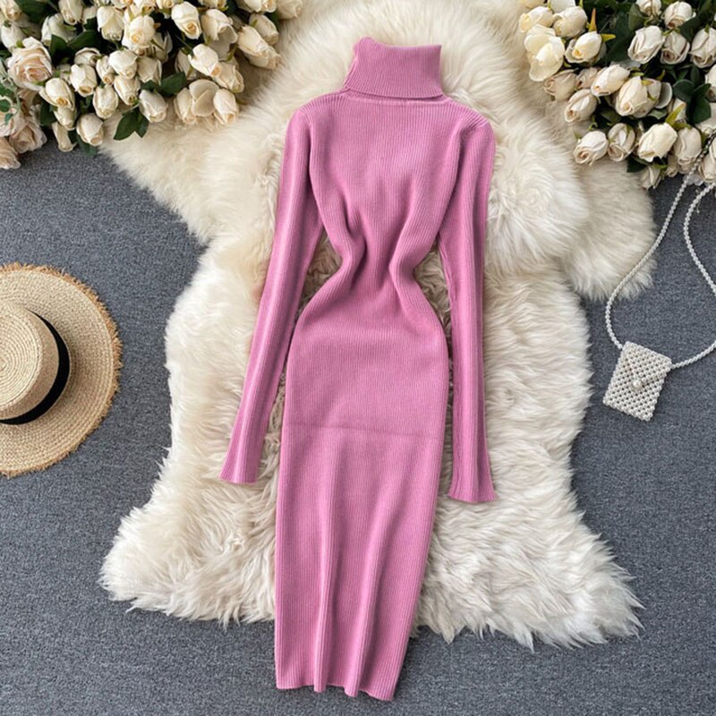 Korean Fashion Casual Solid Women Midi Bodycon Dress