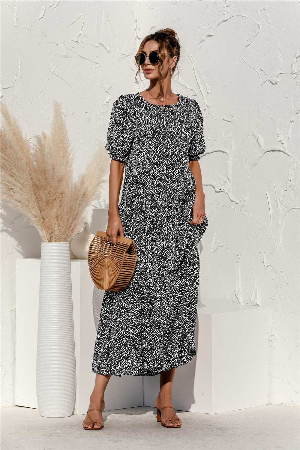 Summer Polka Dot Plaid Print Robe Maxi Dress