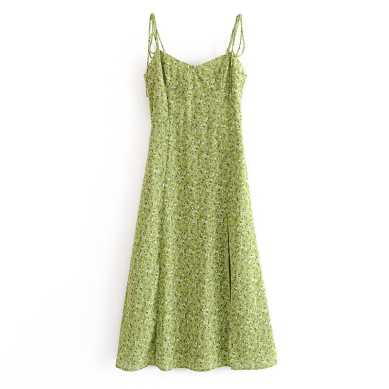 Green Floral Print Sling Dress