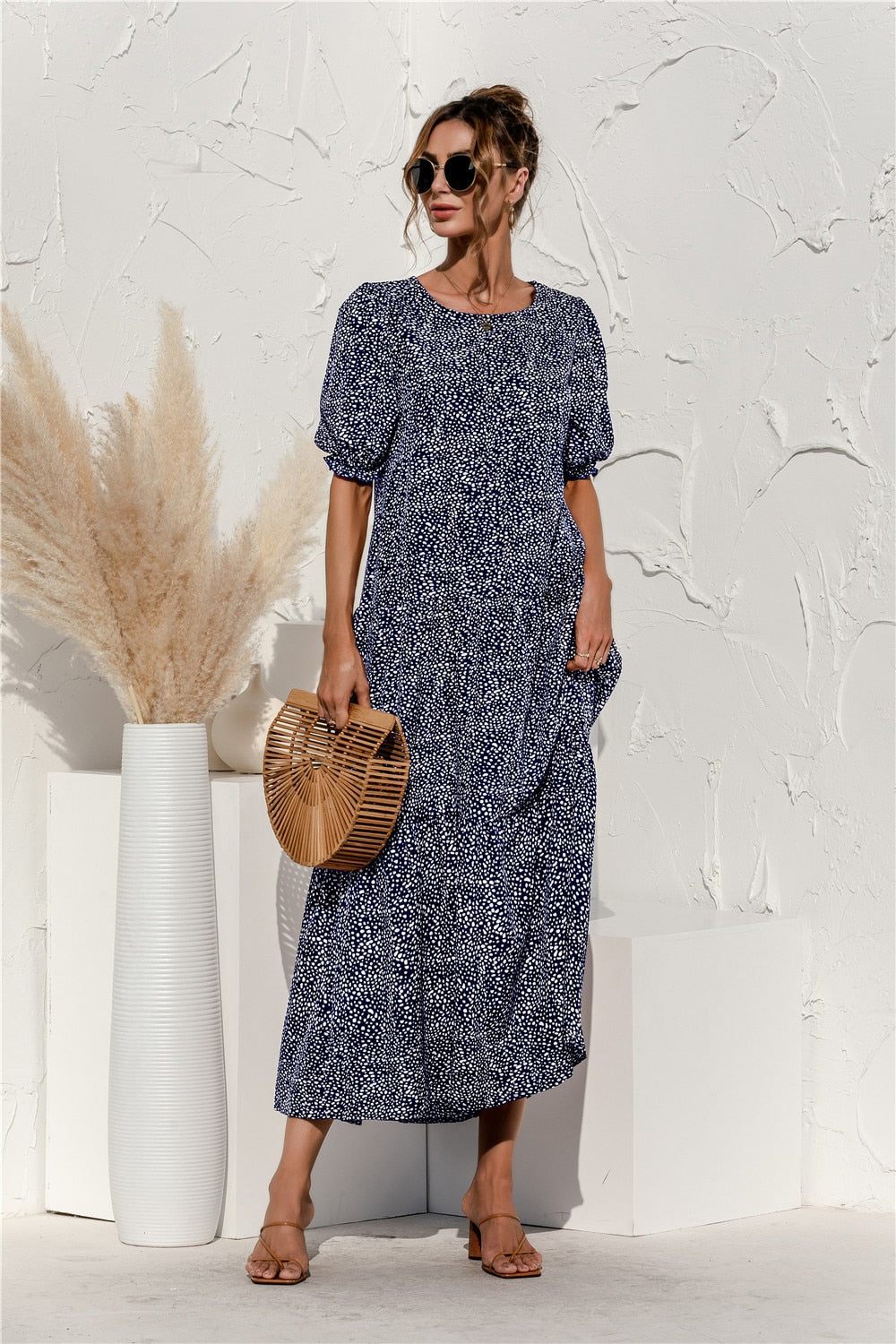 Summer Polka Dot Plaid Print Robe Maxi Dress