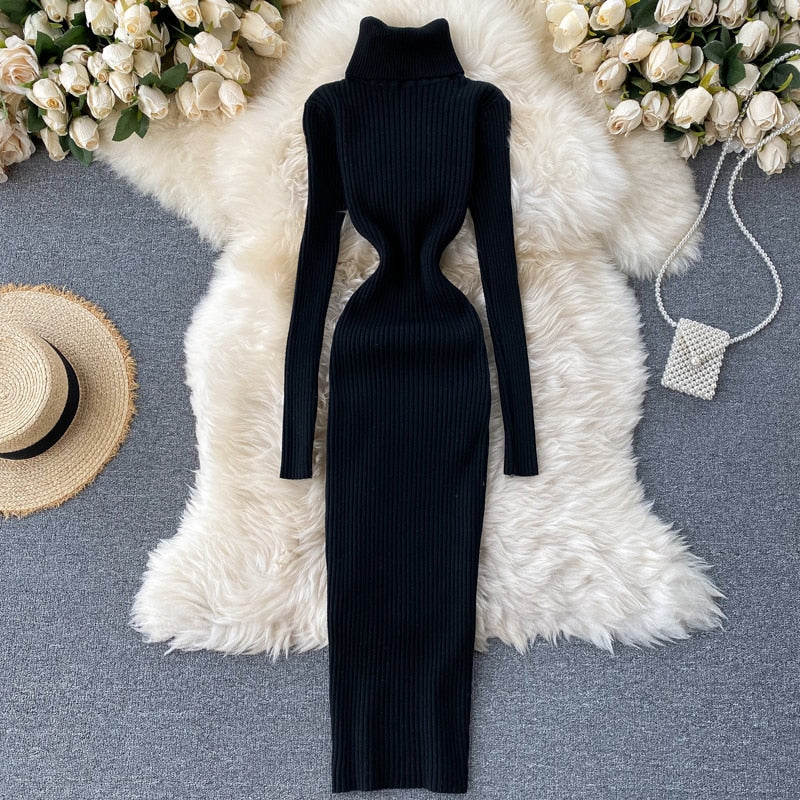 Korean Fashion Casual Solid Women Midi Bodycon Dress