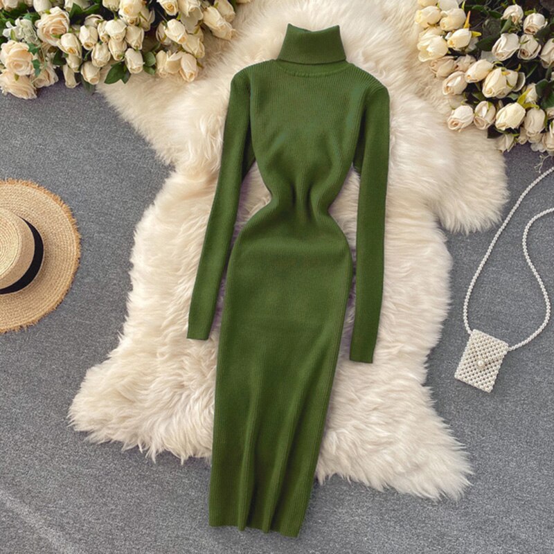 Korean Fashion Casual Solid Women Midi Bodycon Dress