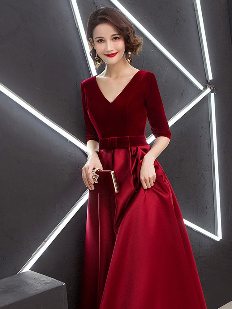 V-neck Bow Waist A-line Satin Evening Dress