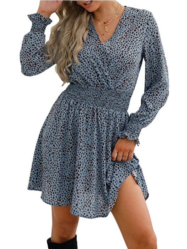 Fashion V-neck Printing Elastic Waist Pullover A-line Dress