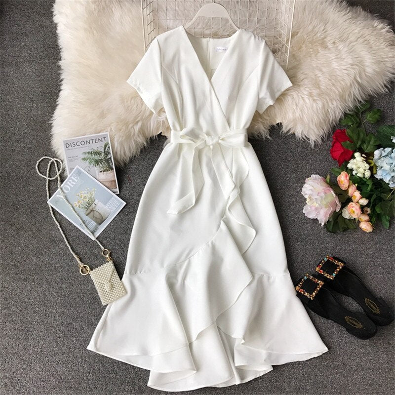 Casual Short-sleeved V-neck With Belt Dress Elegant Ladies Dress
