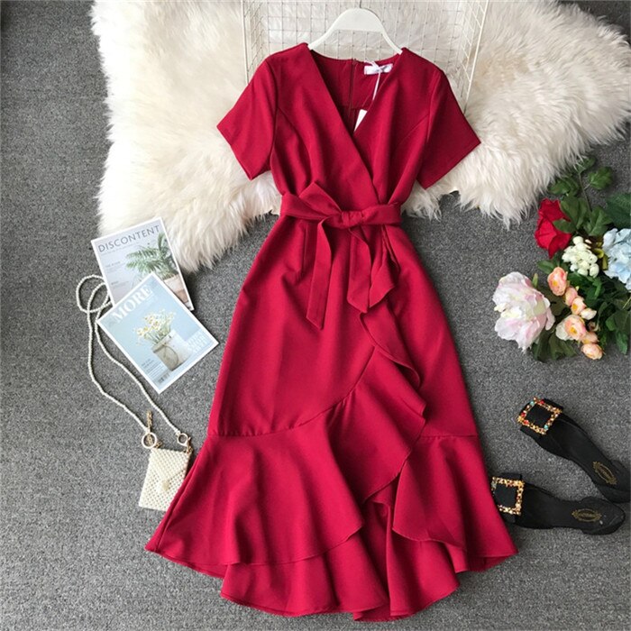 Casual Short-sleeved V-neck With Belt Dress Elegant Ladies Dress