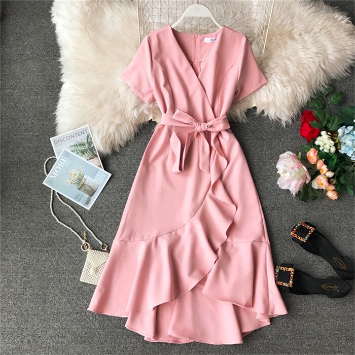 Casual Short-sleeved V-neck With Belt Dress Elegant Ladies Dress