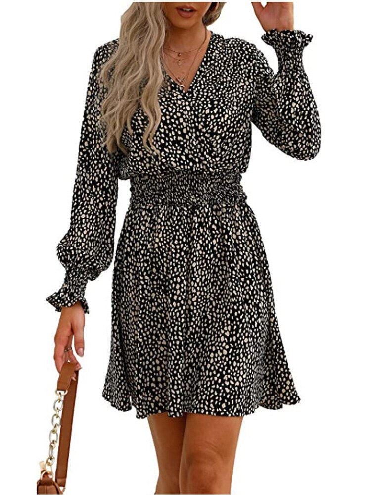 Fashion V-neck Printing Elastic Waist Pullover A-line Dress