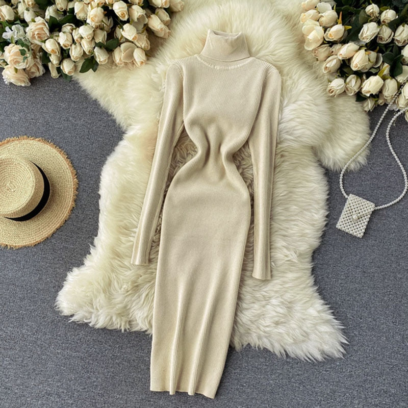 Korean Fashion Casual Solid Women Midi Bodycon Dress
