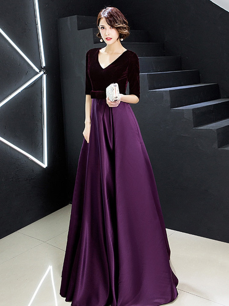 V-neck Bow Waist A-line Satin Evening Dress
