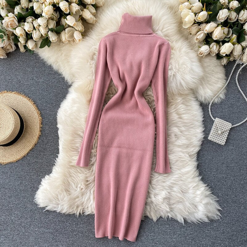 Korean Fashion Casual Solid Women Midi Bodycon Dress