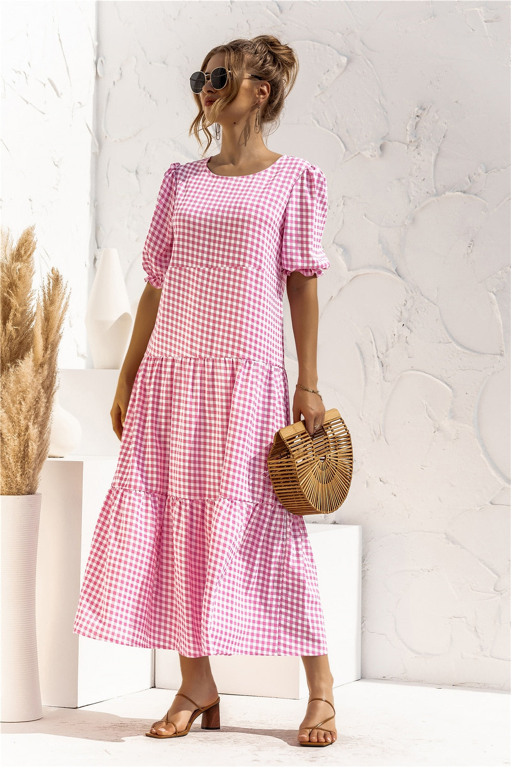 Summer Polka Dot Plaid Print Robe Maxi Dress