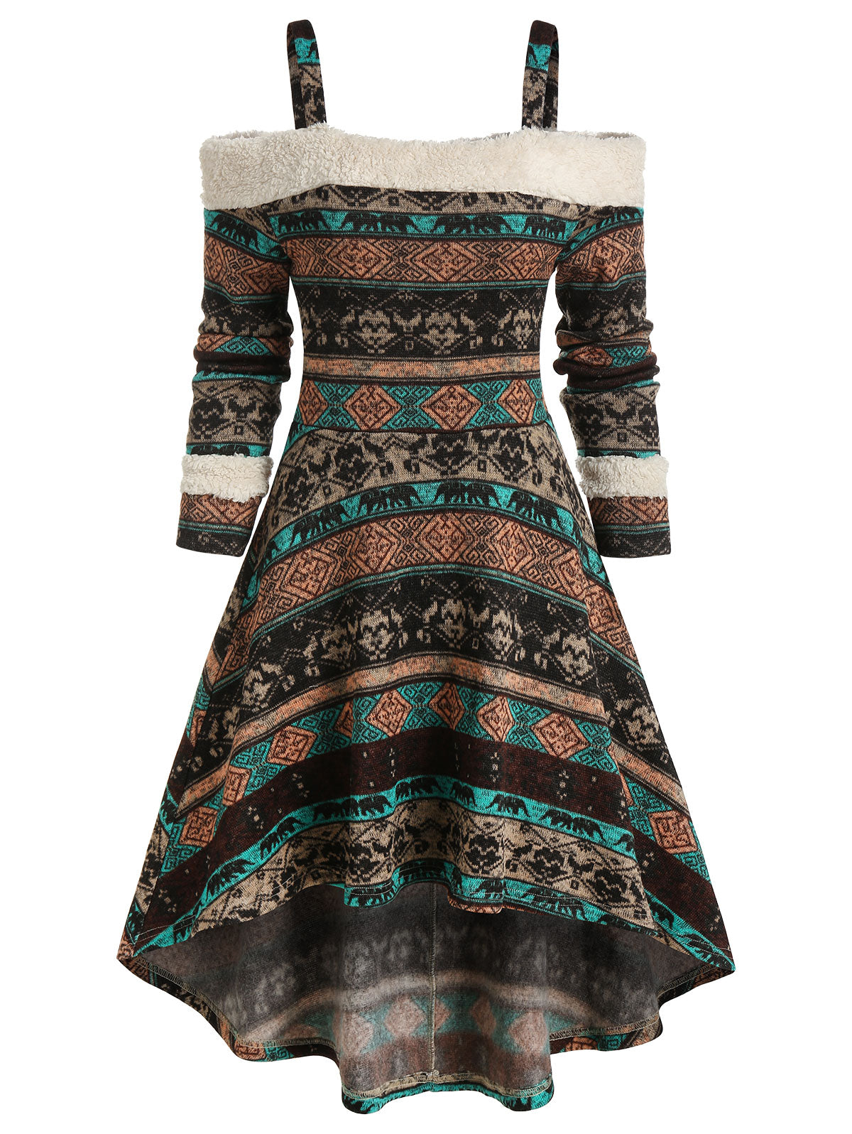 Aesthetic Cold Shoulder Tribal Print High Low Dress