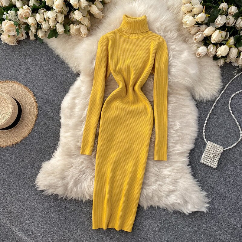 Korean Fashion Casual Solid Women Midi Bodycon Dress