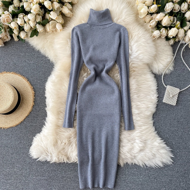 Korean Fashion Casual Solid Women Midi Bodycon Dress