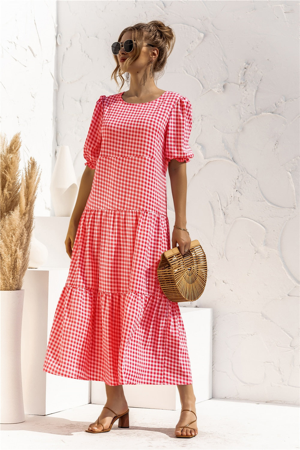 Summer Polka Dot Plaid Print Robe Maxi Dress