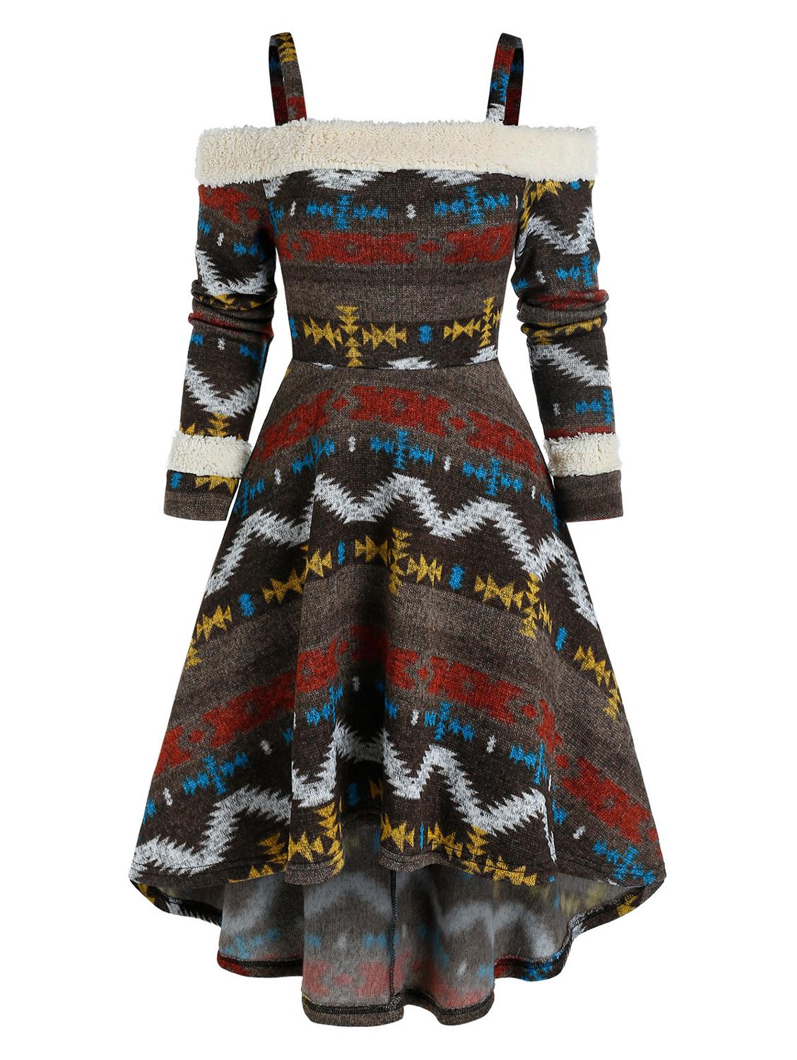 Aesthetic Cold Shoulder Tribal Print High Low Dress