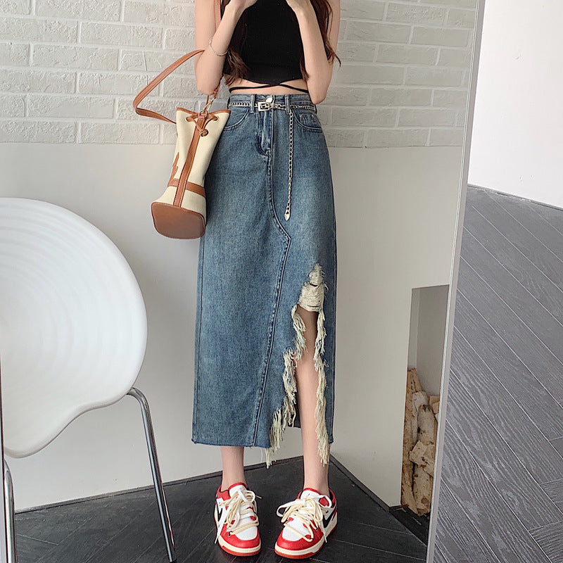Cross Over Slit Distressed Denim Maxi Skirt