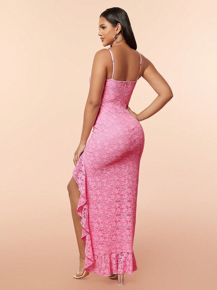 Pink Lace Ruffles Party Dress with Slit