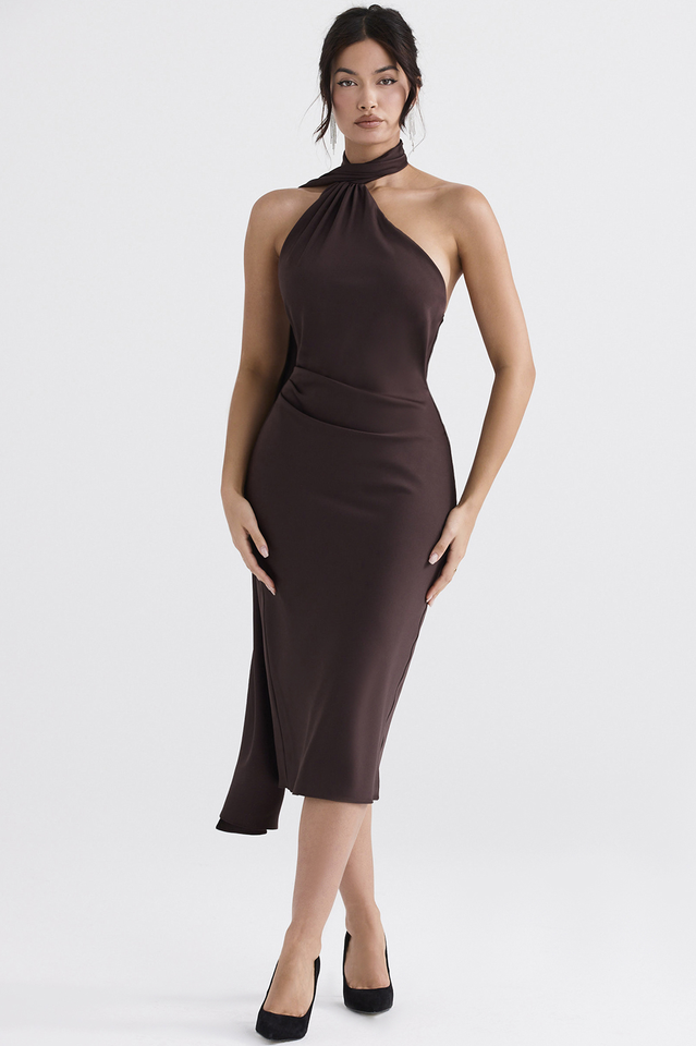 Chocolate Wrap Neck Midi Dress