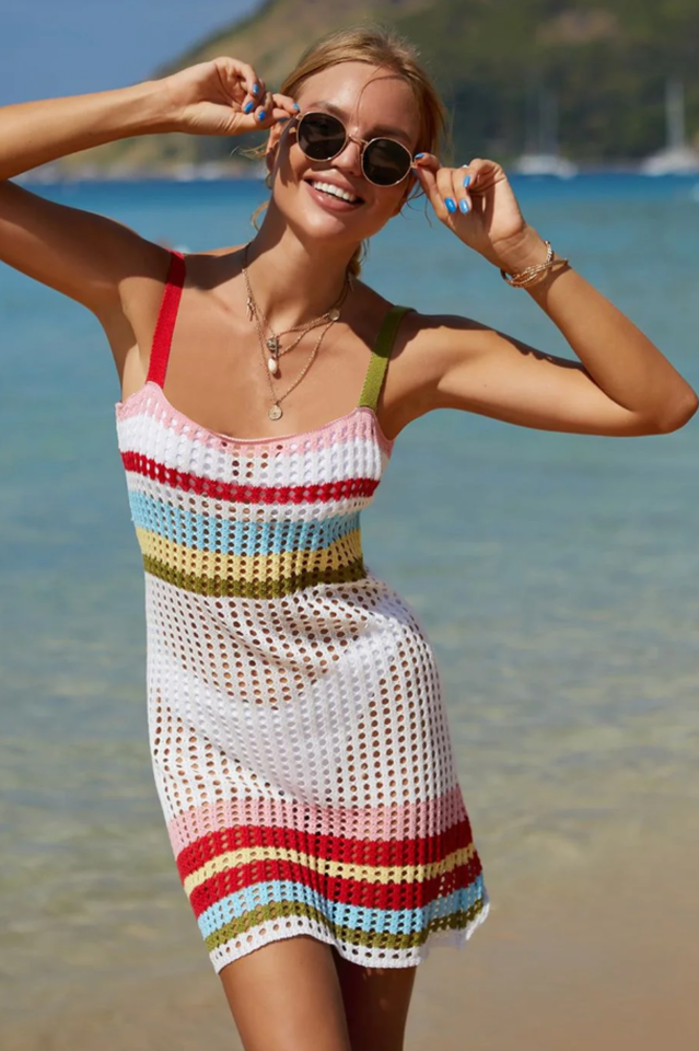 Rainbow Stripe Openwork Cover-Up Dress